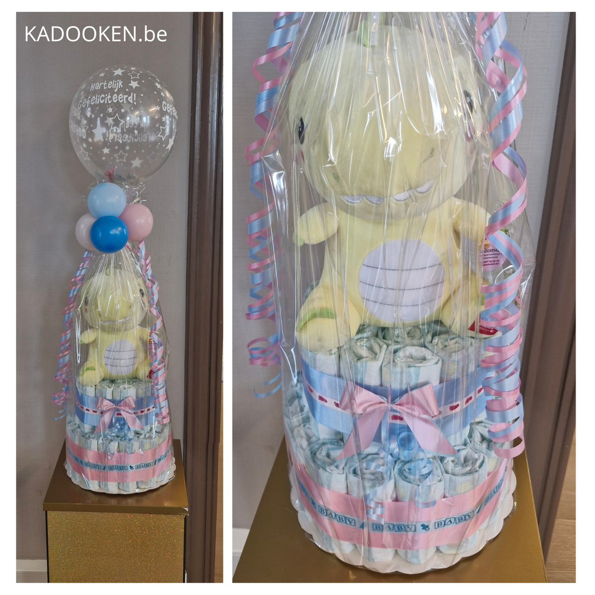 Pampertaart Medium met standaard knuffel - Roze/blauw Gender reveal