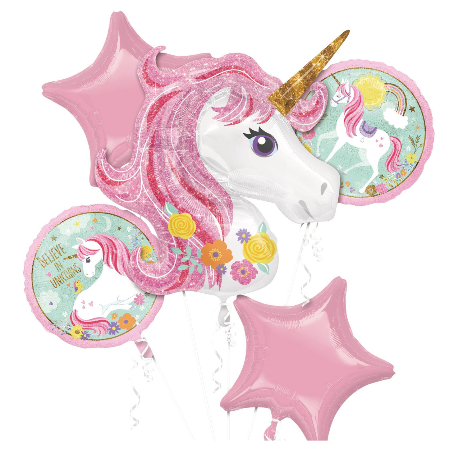 Unicorn folieboeket. Set van 5 ballonnen INCLUSIEF Heliumvulling, lint en gewicht