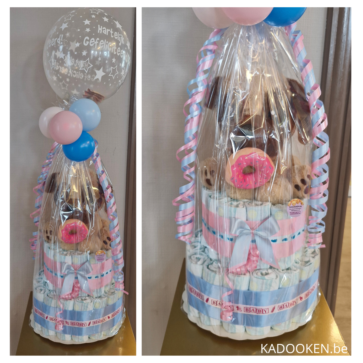 Pampertaart Medium met standaard knuffel - Roze/blauw Gender reveal