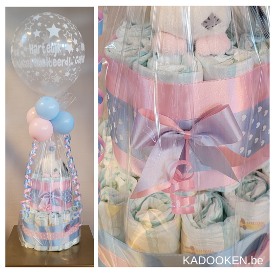 Pampertaart Small met standaard knuffel - Roze/blauw Gender reveal