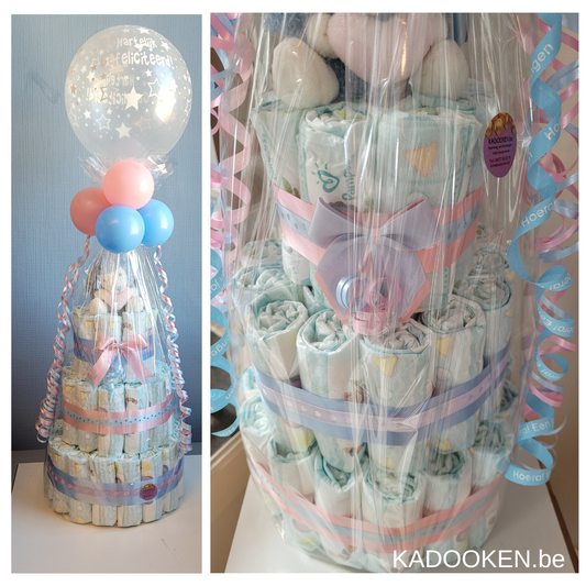 Pampertaart Large met standaard knuffel -  Roze/blauw Gender reveal