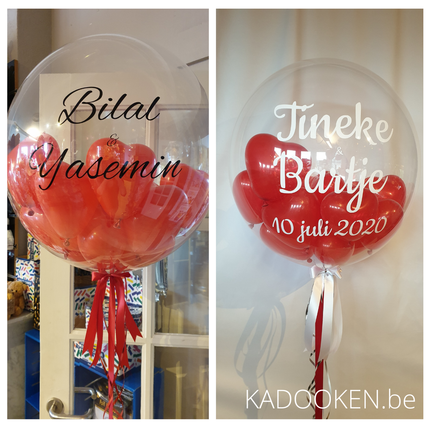 Bubble ballon met eigen tekst gevuld met rode hartvormige-miniballonnen