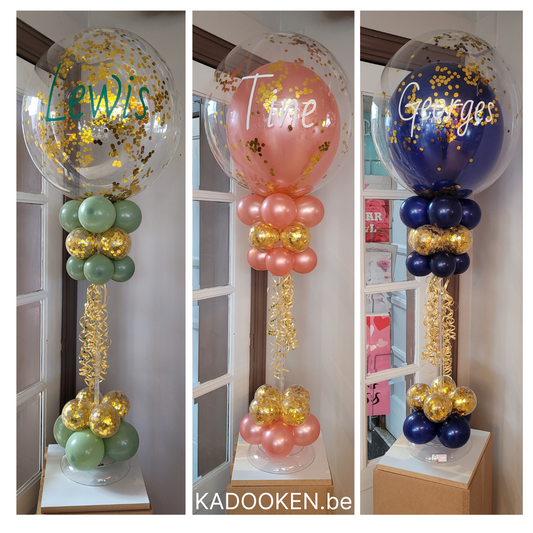 Confetti-bubble met naam op tafelstaander